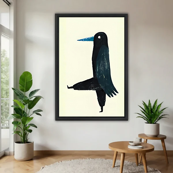 Minimalist black crow standing on one leg blue beak zen framed canvas wall art in black frame with fiddle leaf fig and round wood table