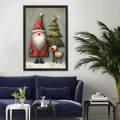 Whimsical Santa and reindeer Christmas canvas wall art displayed above a navy sofa