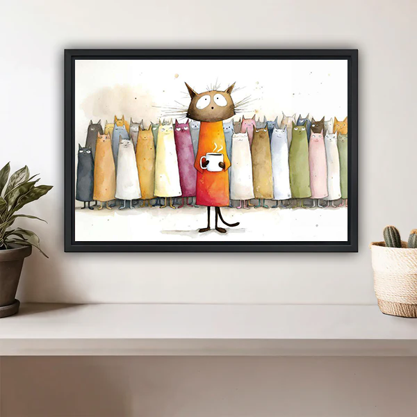 Black framed whimsical cat crowd coffee wall art displayed on white shelf