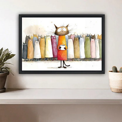 Black framed whimsical cat crowd coffee wall art displayed on white shelf