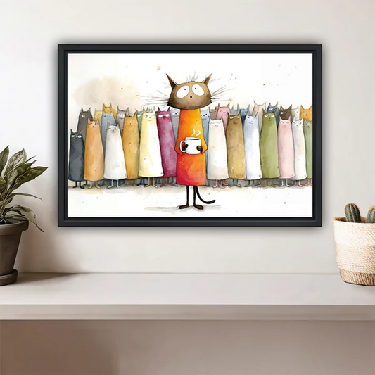 Black framed whimsical cat crowd coffee wall art displayed on white shelf