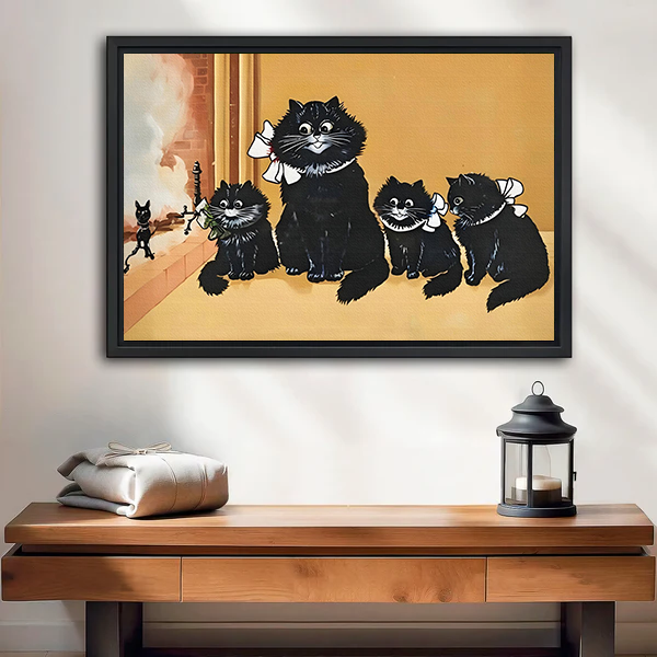 Vintage black cat family framed canvas wall art – retro whimsical print above entryway table