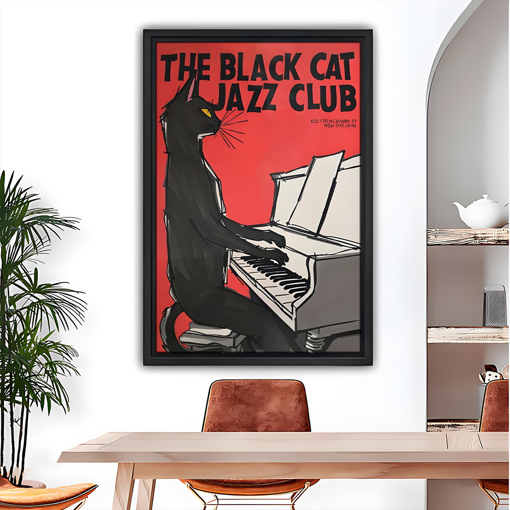 Vintage black cat jazz club piano retro poster framed wall art – red New Orleans dining room decor