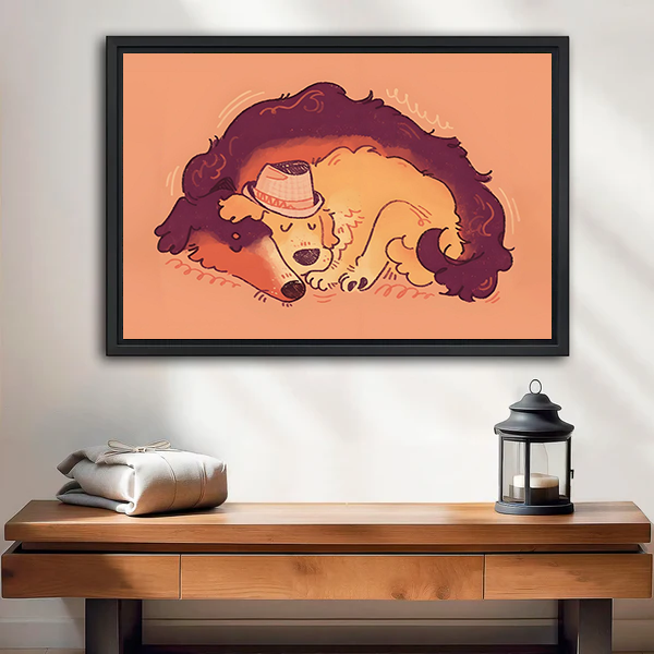Cute Sleeping Dog Hat Cartoon Black Framed Wall Art Print Entryway Decor