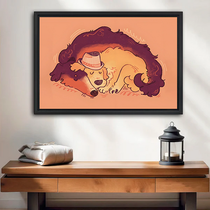 Cute Sleeping Dog Hat Cartoon Black Framed Wall Art Print Entryway Decor
