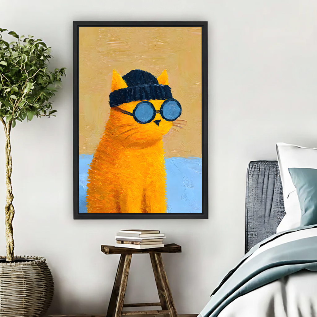 Cool chubby orange cat wearing round blue swimming goggles and black swim cap bold thick impasto oil painting style with golden yellow and light blue background framed wall art hung on white wall above rustic wooden stool with stacked books beside rattan basket plant and Scandinavian bed with blue grey linen bedding