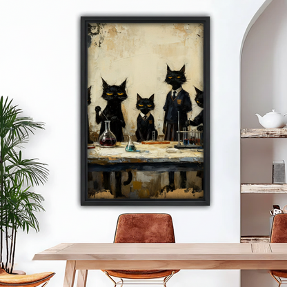 Vintage black cats scientist lab framed canvas wall art in black frame above dining table, funny oil painting cats in school uniforms with lab equipment