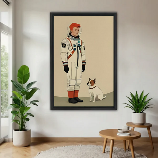 Retro astronaut and dog wall art print in black frame displayed in modern living room