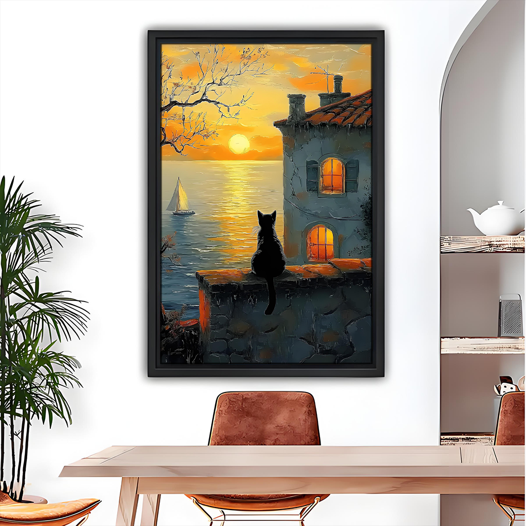 Black cat sunset ocean oil painting framed wall art – coastal dining room home decor