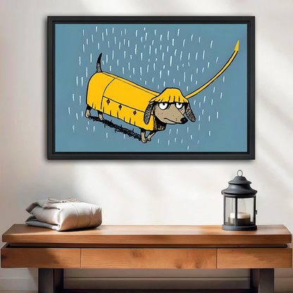 Grumpy Dachshund Yellow Raincoat Rain Black Framed Wall Art Print Entryway Decor