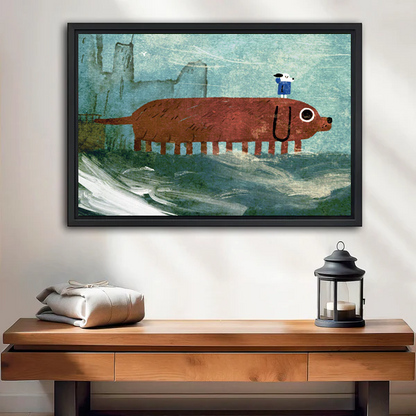 	Giant dachshund city surreal oil painting framed canvas wall art in black frame above wooden console table with lantern and linen parcel