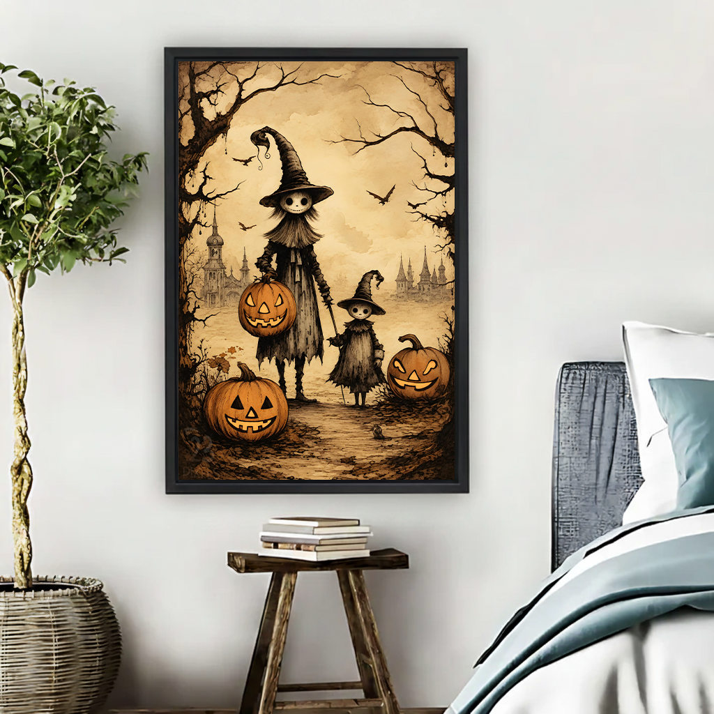 Gallery-wrap witch family Halloween canvas wall art displayed above a bedside table with a leafy plant