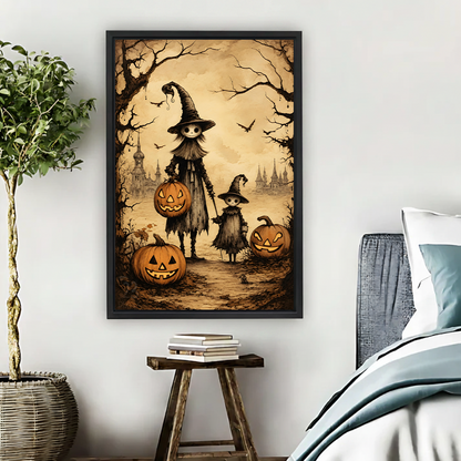 Gallery-wrap witch family Halloween canvas wall art displayed above a bedside table with a leafy plant
