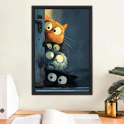 Four curious cats stacked vertically peeking around vintage distressed blue wooden door orange cat on top black cat second grey white cat third black cat at bottom all with wide round eyes funny whimsical oil painting style framed wall art hung on white wall above wooden desk with open notebook white binder and gold pen cup beside dark green palm plant in modern home office