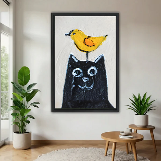 Whimsical black cat yellow bird framed canvas wall art print bold brushstroke living room decor