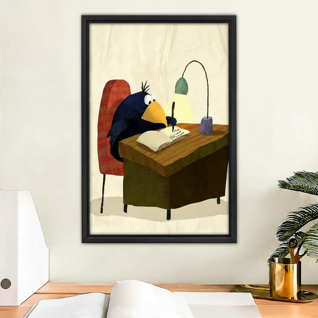 Whimsical crow writer framed canvas wall art print displayed in modern home office setting