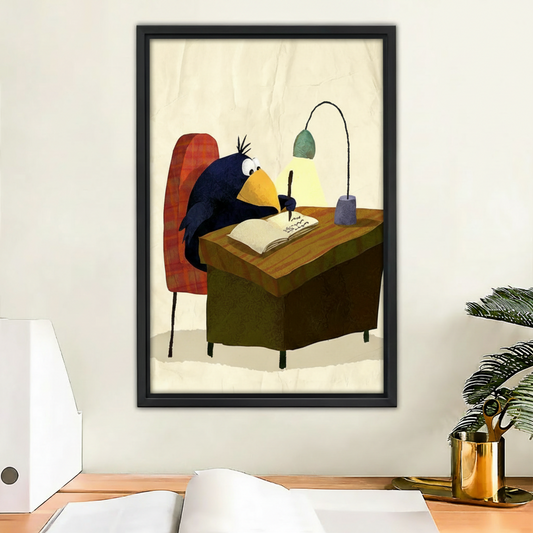 Whimsical crow writer framed canvas wall art print displayed in modern home office setting