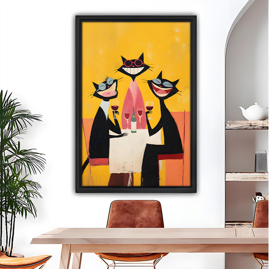 Retro cool cats wine party framed wall art print in dining room