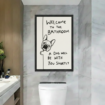 Funny French bulldog bathroom wall art, "Welcome to the Bathroom" quote with peeking Frenchie, black framed canvas print for bathroom decor