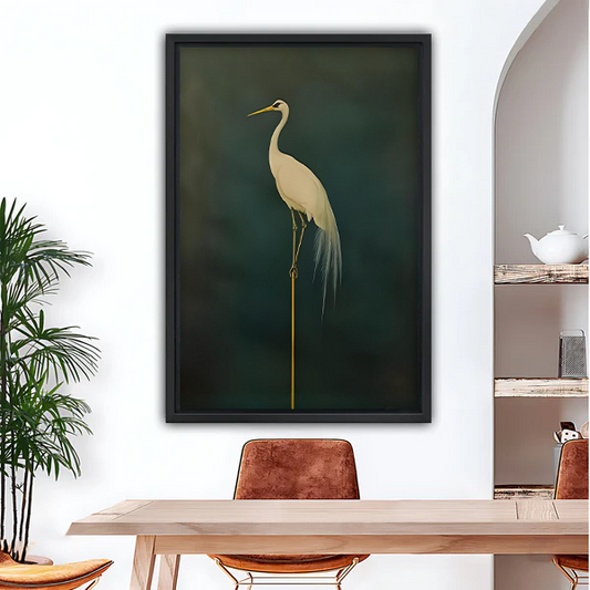 Elegant white egret minimalist framed canvas wall art in black frame, dark green background bird print for dining room decor