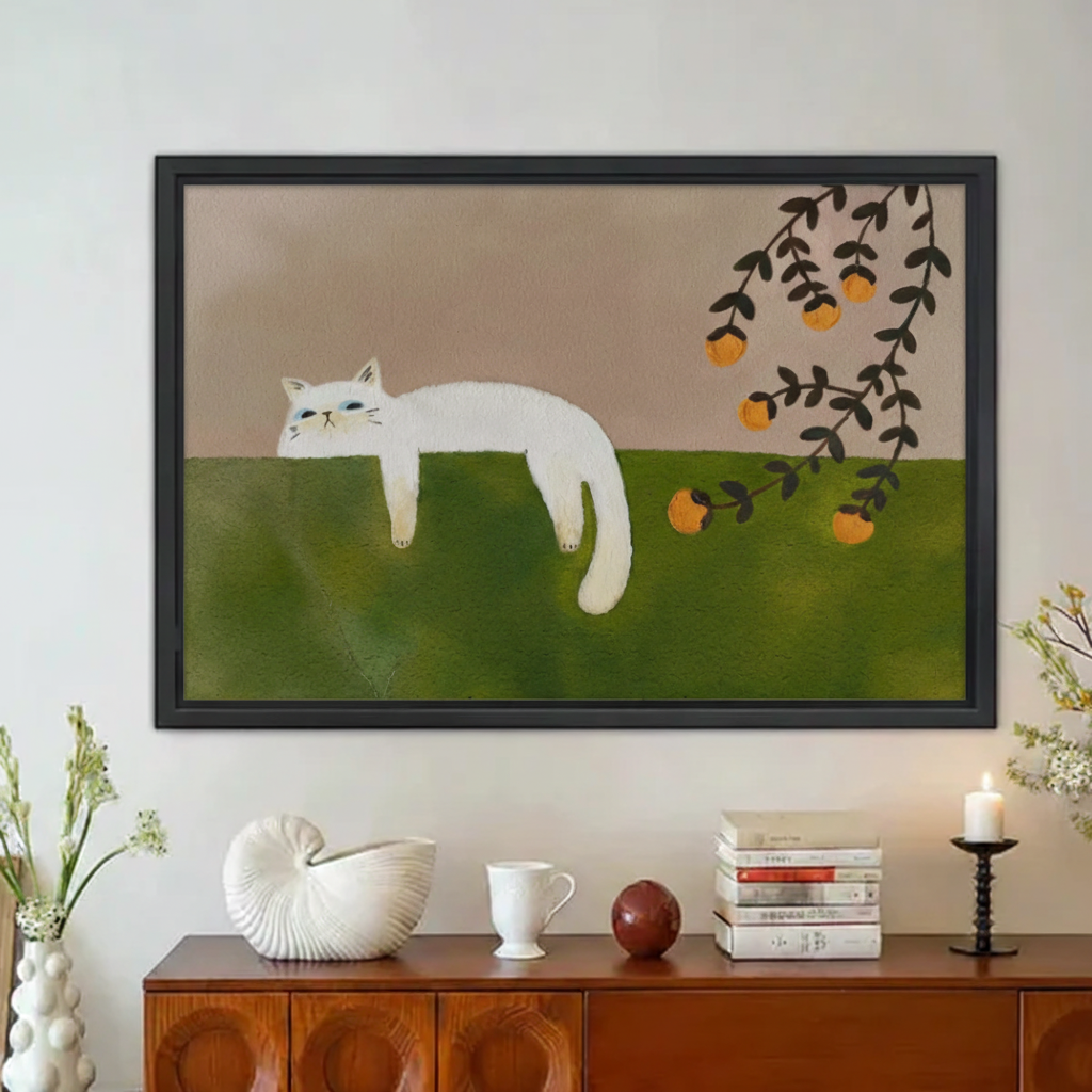 White Cat Minimalist Folk Art Framed Wall Art – Black Frame Print Styled on Vintage Wooden Cabinet