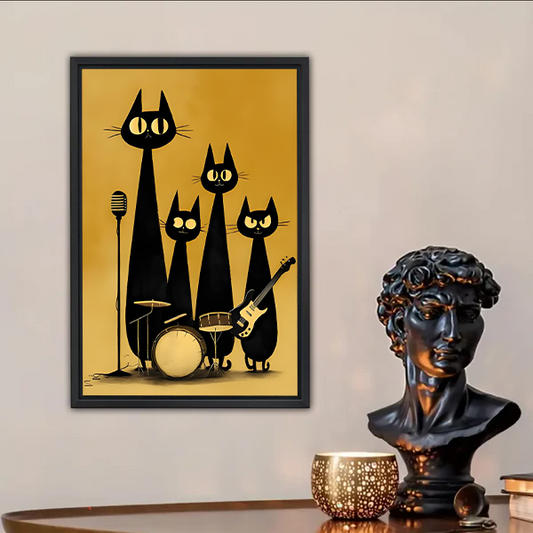 Black cat jazz band retro gold framed wall art in black frame above wooden desk with David bust