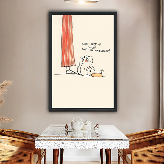 Funny cat meow quote minimalist line art framed canvas print, black frame, displayed above dining table in warm boho home