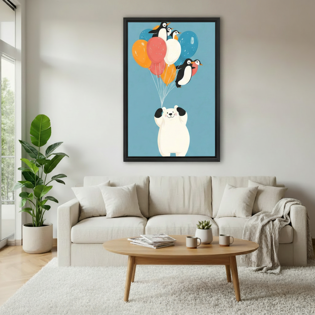 Polar bear penguin balloon framed canvas wall art hanging in a bright living room — colorful animal print for modern home decor