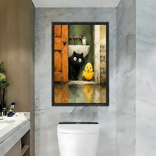 Black framed cat and chick funny bathroom wall art print for home decor