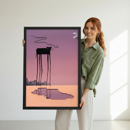 Surreal black cat moon canvas wall art as home decor accent — atmospheric purple illustrated print styled with modern home furnishings