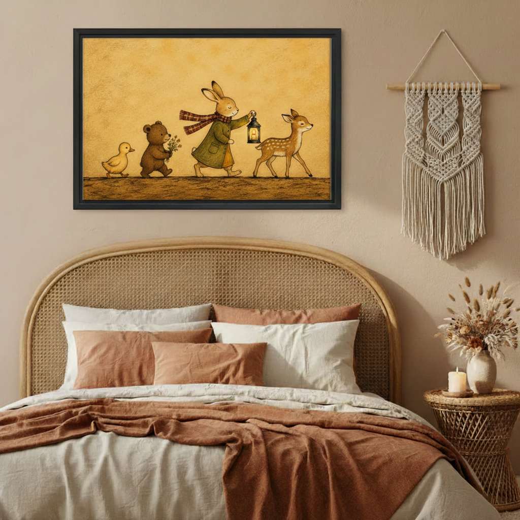 Storybook woodland animals framed canvas print in boho bedroom, rabbit with lantern nursery wall art