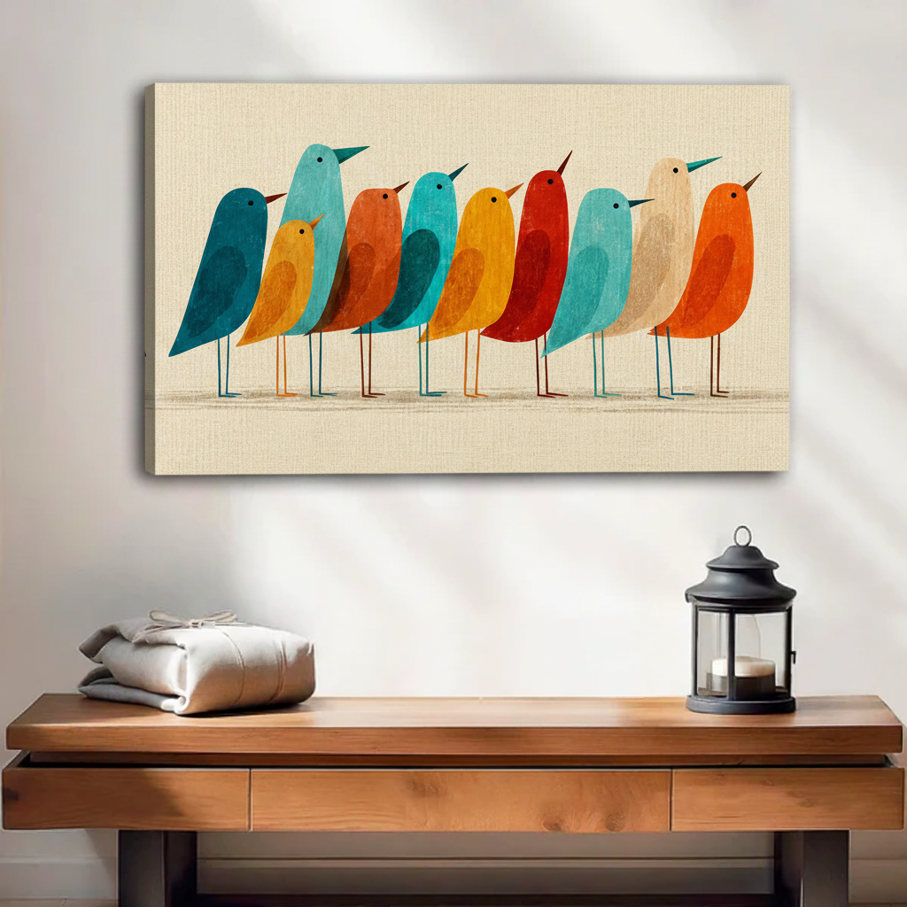 Gallery wrap canvas print of colorful mid-century modern birds in a row, living room wall art decor