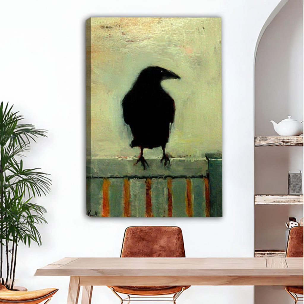 Moody black raven oil painting gallery wrap canvas art on white wall, frameless gothic home decor