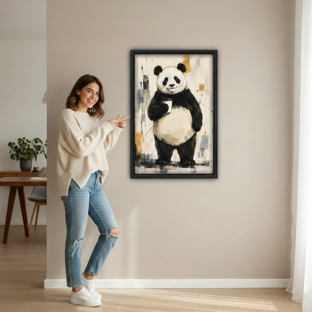 Funny panda coffee canvas print in black frame – abstract wall art for modern home decor