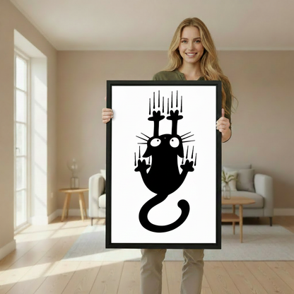 Woman holding funny black cat clinging wall canvas art, quirky minimalist black and white cat print