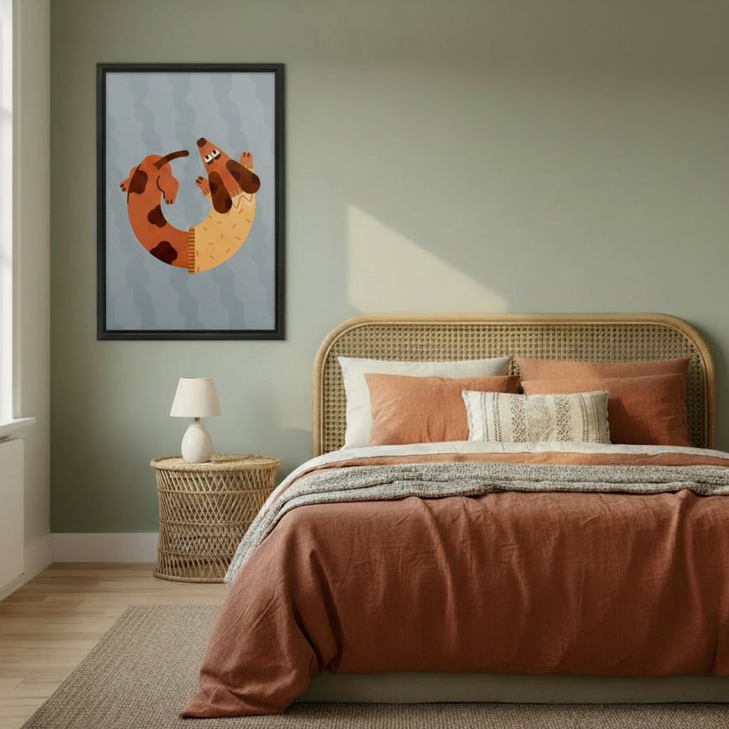 Dachshund circle tail framed canvas print in cozy bedroom with sage green walls — funny playful dog wall art