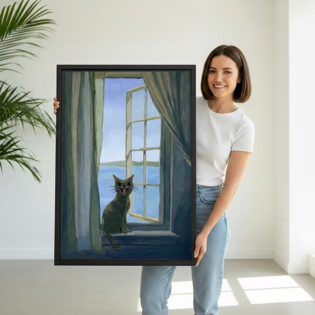 Woman holding vintage cat window oil painting framed print, black frame, home decor gift