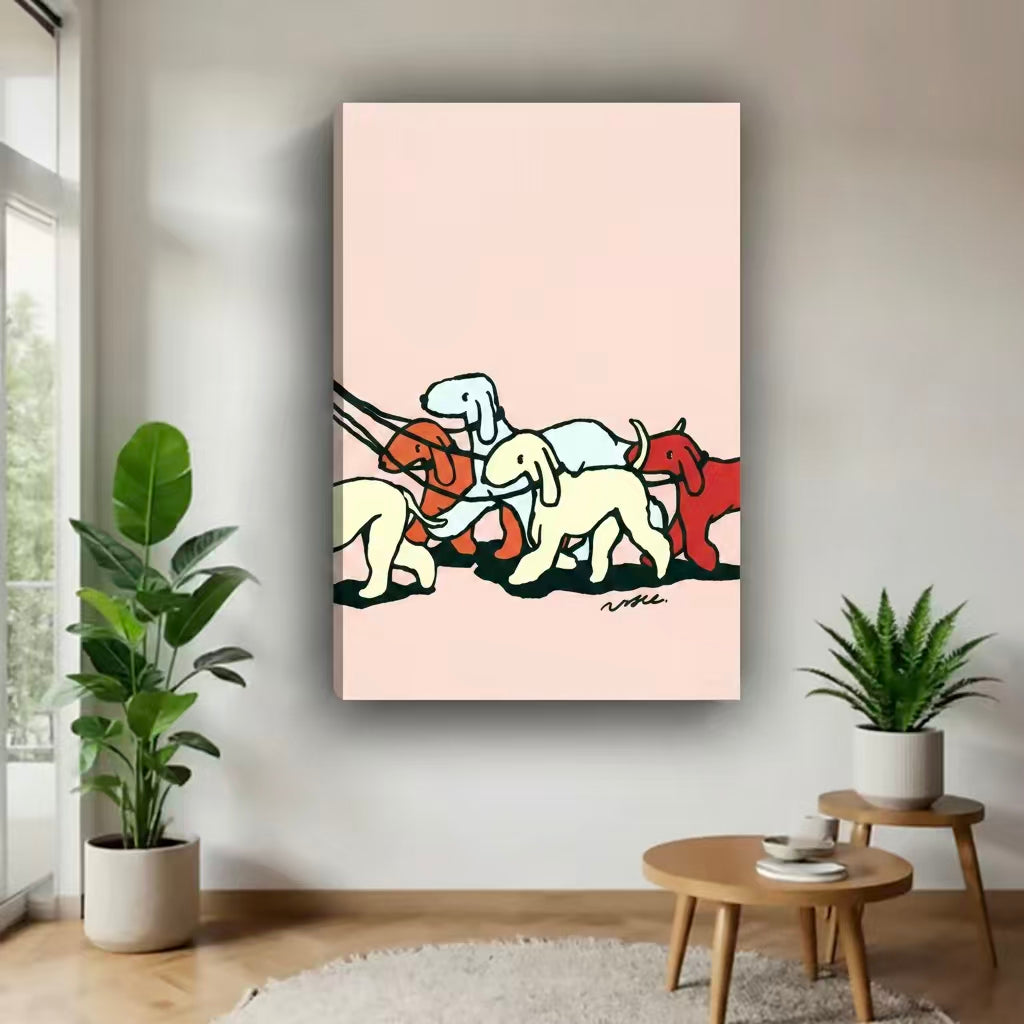 Minimalist dog wall art – colorful line illustration of dogs on leashes, framed canvas print, eclectic home decor