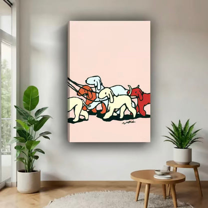 Minimalist dog wall art – colorful line illustration of dogs on leashes, framed canvas print, eclectic home decor