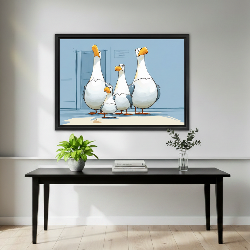 Funny seagull framed canvas print above dark bed headboard, bedroom wall art