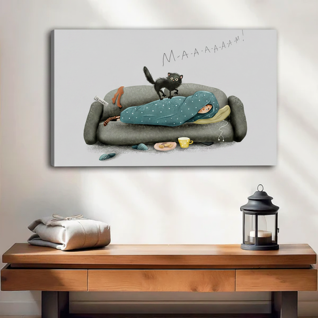 Cat waking owner funny canvas art gallery wrap — whimsical pet humor wall decor for cat lovers