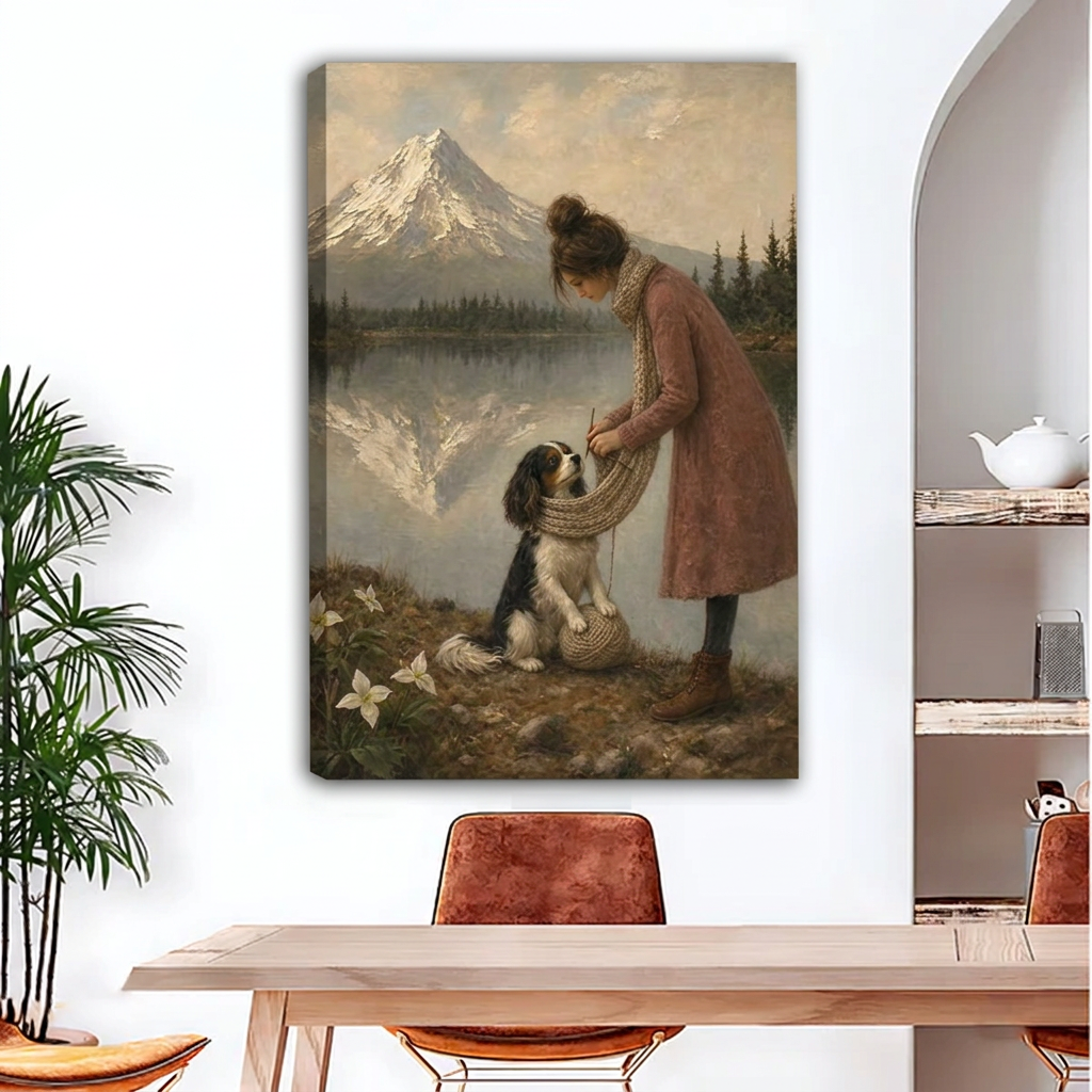 Vintage Woman and Dog by Mountain Lake Canvas Wall Art | Framed & Unframed l4932