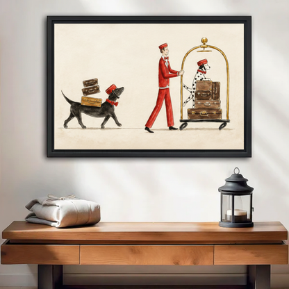 Bellboy in red uniform with dachshund and dalmatian carrying vintage suitcases framed canvas above walnut console table