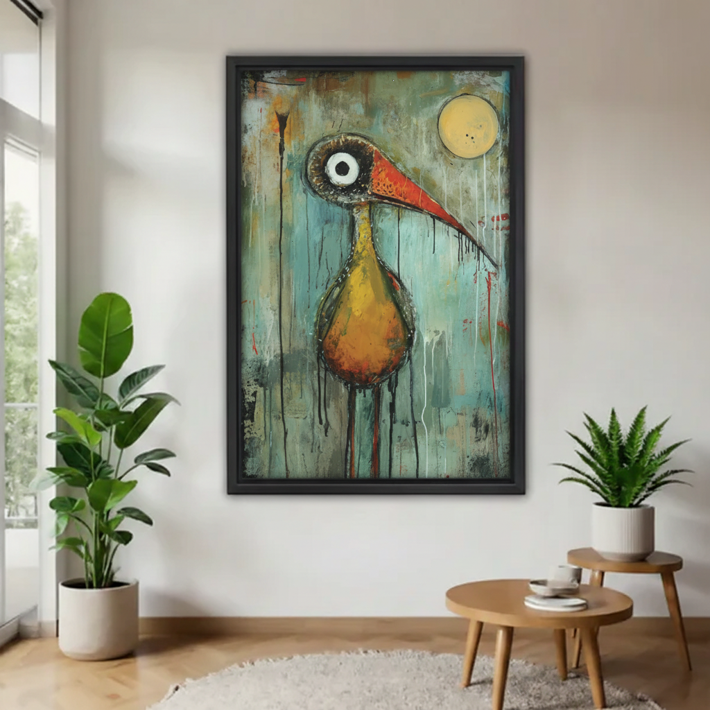 Abstract expressionist bird grunge oil painting canvas wall art in black frame — quirky one-eyed bird with long orange beak and yellow moon, bold eclectic wall decor