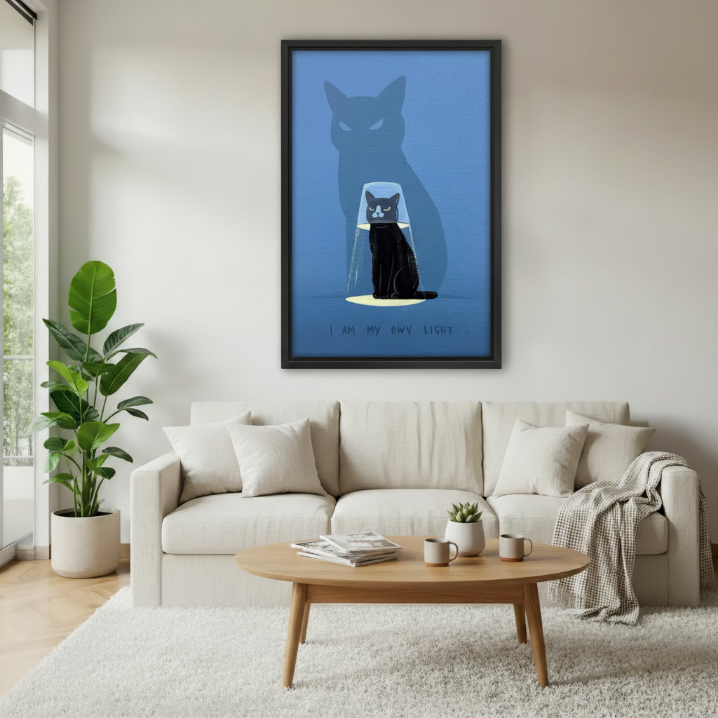 Black cat empowerment framed canvas wall art with quote 'I Am My Own Light' displayed in a modern living room, blue minimalist home decor