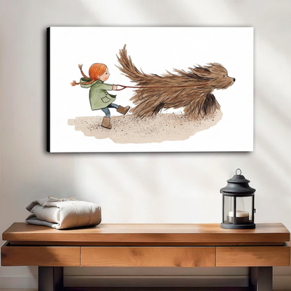 Whimsical watercolor art of a girl running with a giant fluffy dog — gallery wrap canvas for modern home decor