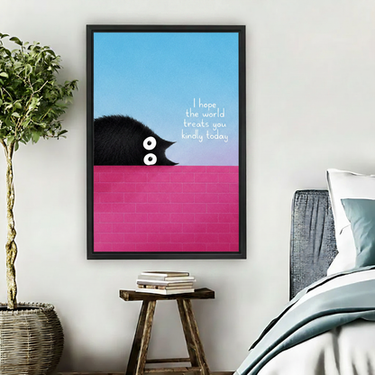 Funny black cat peeking over pink wall framed canvas art, blue sky, bedroom decor
