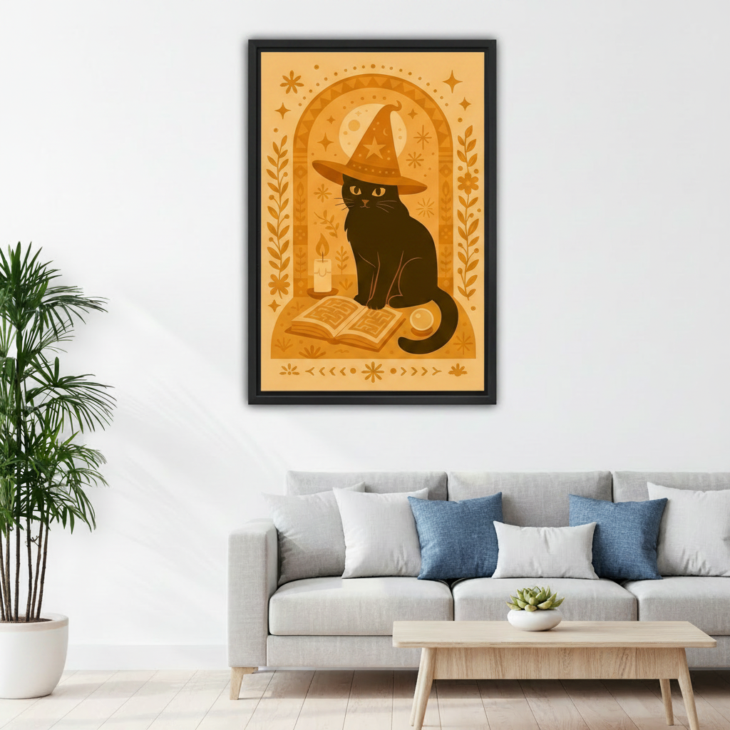 Mystical black cat witch hat boho folk art framed print above living room sofa, warm golden witchy wall art for home decor