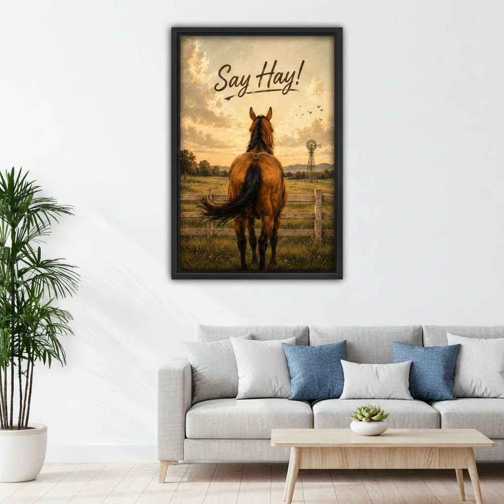 Western horse oil painting canvas print — black framed art displayed in a cozy children's bedroom