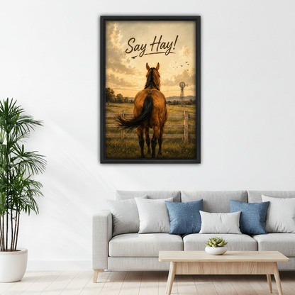 Western horse oil painting canvas print — black framed art displayed in a cozy children's bedroom
